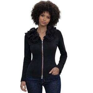 BELLDINI Black Rhinestone Zip Cardigan | Marionette Ruffle Collar | Womens Large